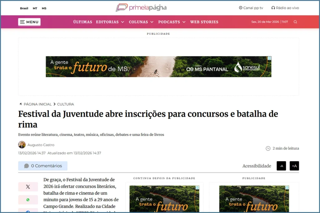 Primeira Página: Festival da Juventude abre inscrições para concursos e batalha de rima