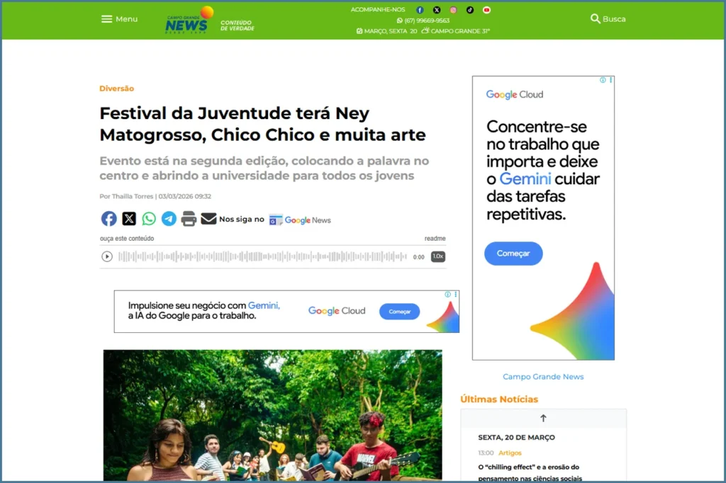 Na mídia: Festival da Juventude terá Ney Matogrosso, Chico Chico e muita arte